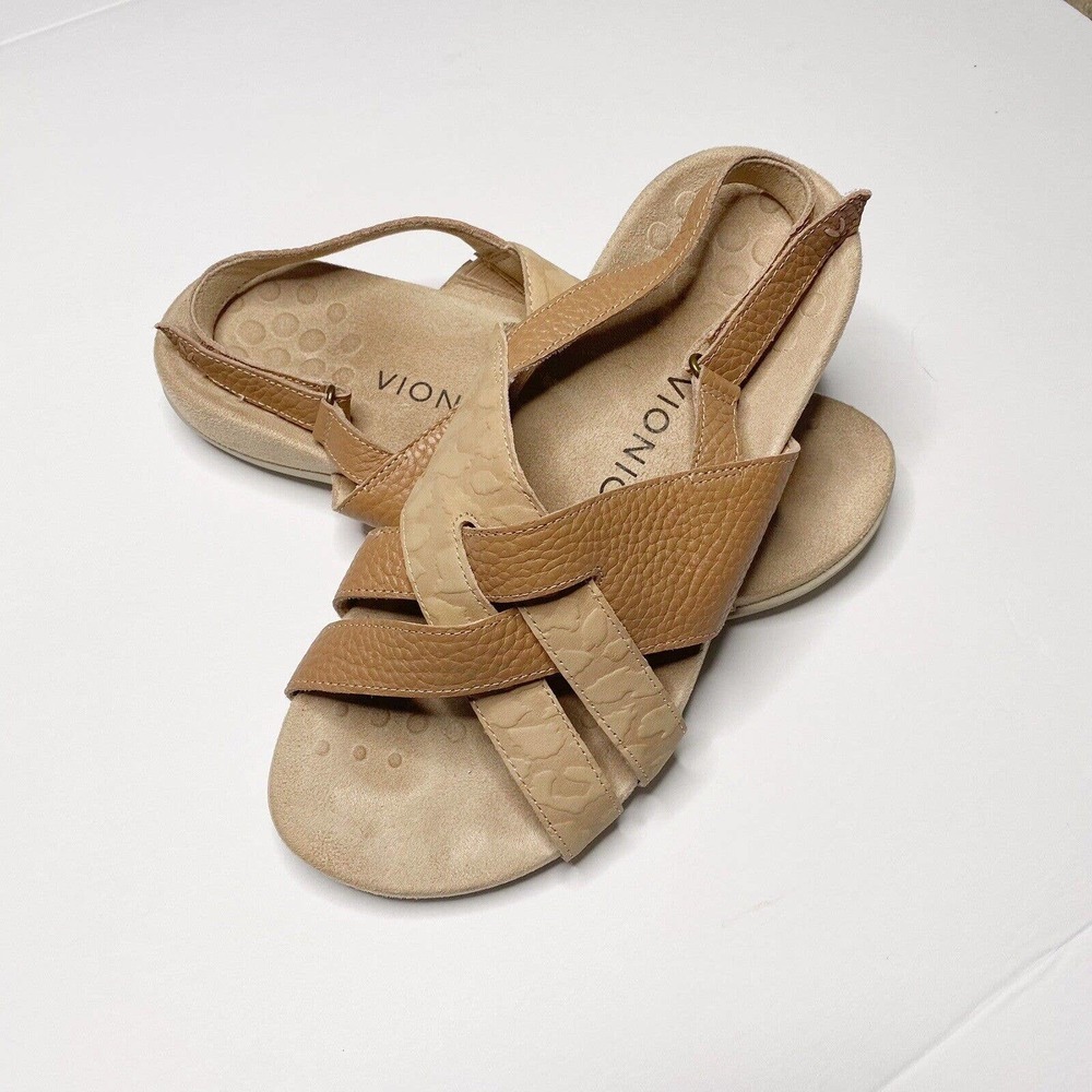 Vionic Womens Sz 8 Wide Eira Beige Tan Leather Hook And Loop Slingback S…